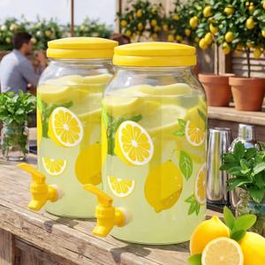 Havawish 2 Pcs 1 Gallon Plastic Beverage Dispenser with Spigot Clear Summer Kitchen Fridge Drink Dispenser for Parties Lemonade Juice Tea Beer Cold Water(Yellow, Circular Column) 
