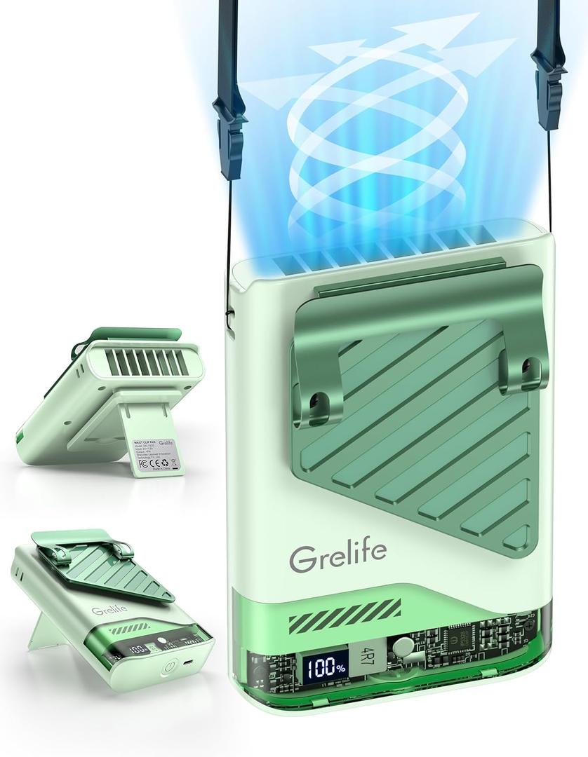 Grelife 2025 AI Portable Waist Fan Rechargeable with LED Display & 40H Runtime,5 Speed 10000RPM Cooling Personal Clip Fan,33ft/s Wind Speed Neck fan for Outdoor Work,Camping,Farm,Jobsite(Green)