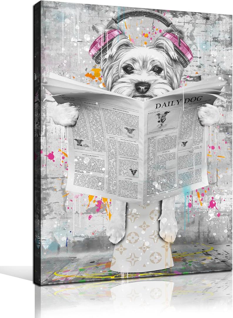ENTANUB Bathroom Wall Art, Funny Graffiti Dog Canvas Print Painting for Bedroom, Black and White Picture Decor, Size 16x24 Inches (24L" x 16W", DOG-3)