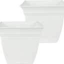 The HC Companies Eclipse Square Plastic Planter w/Attached Saucer - Outdoor & Indoor Plant Pot with Drainage Holes - Lightweight, UV-Resistant Plastic Pots for Plants (12" White, Pack of 2)