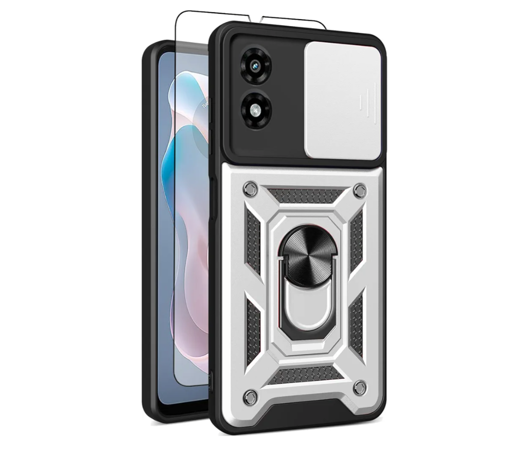 Motorola Moto G-Play 2024 Case: with Screen Protector,Sliding Camera Cover and Multi-Angle Stand for Phone Cover Moto g-Play 2024 4G,Sliver