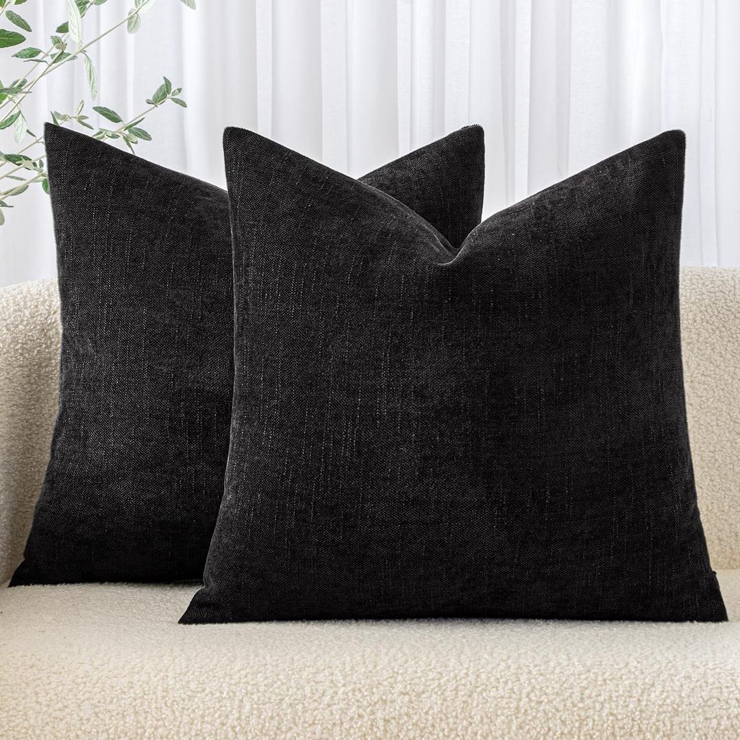 MIULEE Pack of 2 Decorative Throw Pillow Covers Soft Chenille Throw Pillows Solid Neutral Farmhouse Textured Cushion Covers for Couch Sofa Bedroom Living Room 20x20 Inch, Black