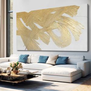 XIANSHOU Wall Decorations for Living Room Gold and White Abstract Canvas Art Oil Painting Large Minimalist Decor Wall Art for Office Bedroom Home 29"x 58"
