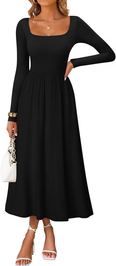 ZESICA Spring Dresses for Women 2025 Elegant Classy Square Neck Long Sleeve Flowy Wedding Guest Party Midi Dress (Black, XL)