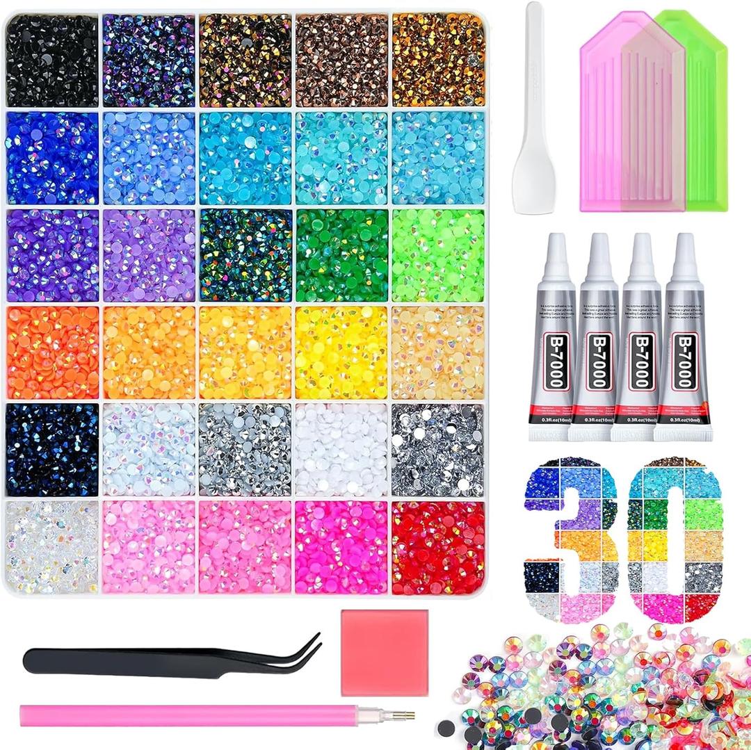 40000 Pcs Resin Jelly Rhinestones Bedazzling Kit, Include 30 Colors 3mm Flatback Gems 4Pcs 10ml B7000 Jewelry Glue & Tools, Bedazzler Kit with Rhinestones