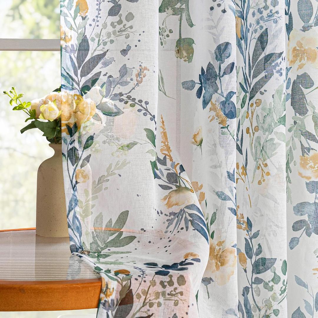 MYSKY HOME Floral Curtains for Living Room 72 inches Long Classic Printed Flower Leaf Sheer Curtains for Bedroom, Bathroom, Rod Pocket Window Drapes Yellow and Blue, 2 Panels, 52 x 72 inch