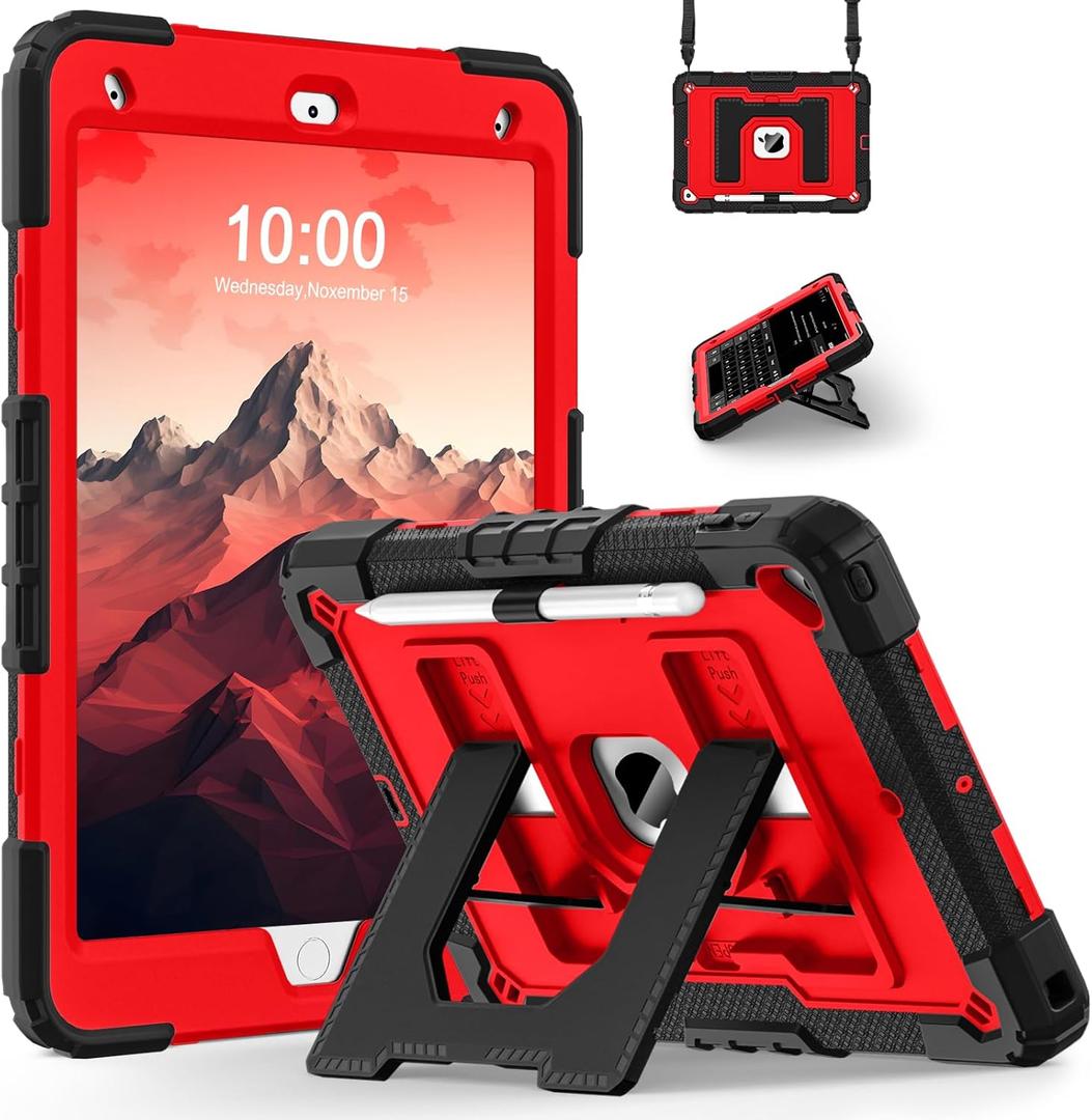 for iPad 9th/ 8th/ 7th Generation 10.2 Inch iPad Case 9th Generation with Pencil Holder, Heavy Duty Shockproof Cover for i Pad 9th/8th/7th Gen 2021/2020/ 2019 Cases, Black Red