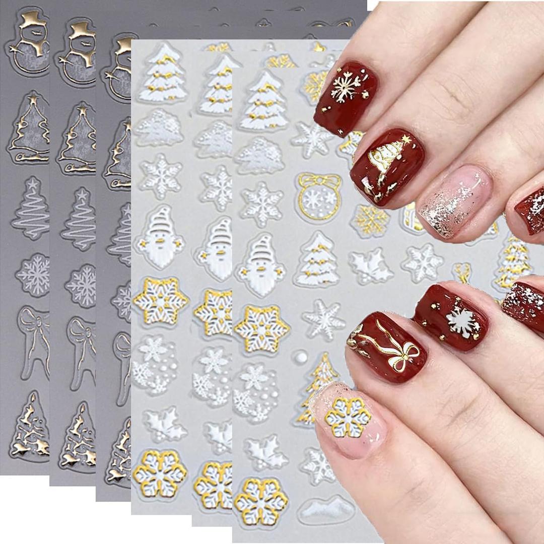 3D Christmas Nail Stickers Nail Art Stickers Gold Nails Sticker Decoration with Christmas Tree Snowflakes Candy Canes Design Winter Fingernail Stickers on Nail Supplies for Women Girl Gifts 8 Sheet