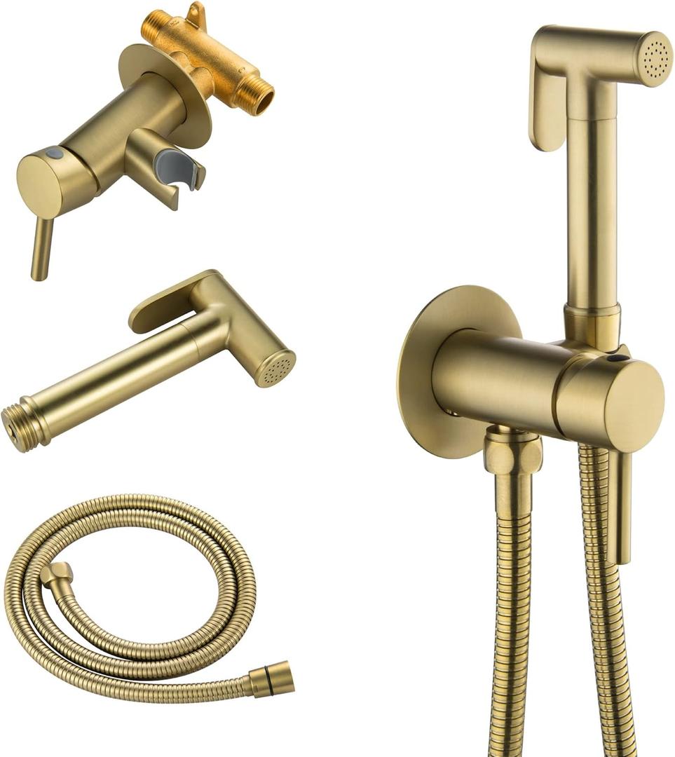 SHAMANDA Warm Water Bidet Sprayer for Toilet with Hot and Cold Brass Rough-in Valve, Stainless Steel Round Handheld Bidet Attachment Set for Feminine, Pets and Baby Diaper Wash, Brushed Gold, BDS09-3