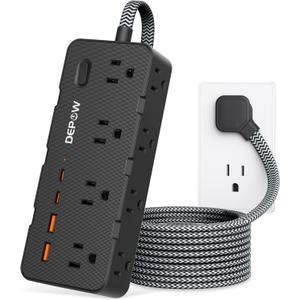 Power Strips with Surge Protection, 5FT Braided Extension Cord with Multiple Outlets-8 AC Outlets 4 USB Ports (2 USB C), Flag Plug, 1700 Joule Surge Protector for Home Office, Black