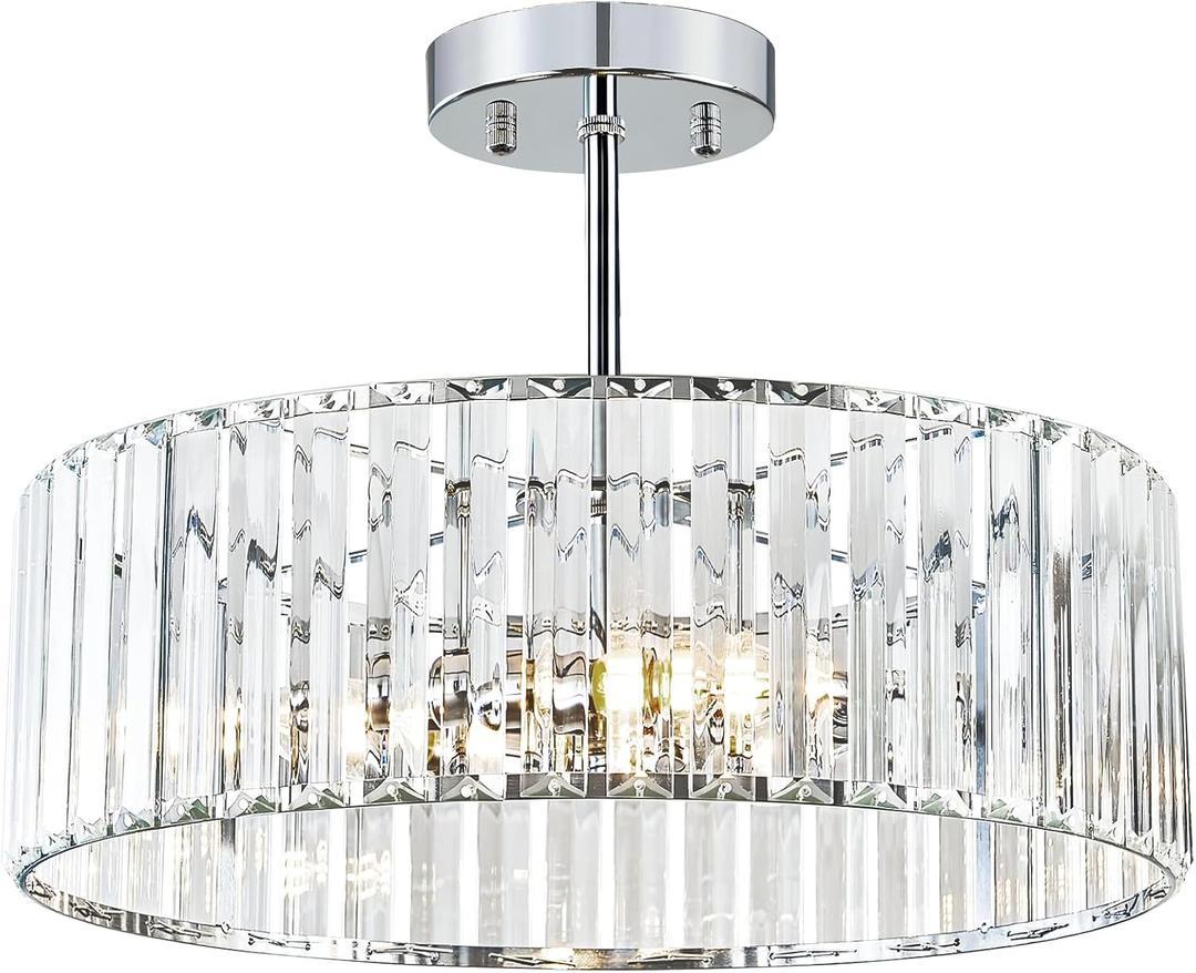 Pevfah Crystal Chrome Ceiling Light, Modern Semi Flush Mount Ceiling Lighting Fixture, Round Hallway Lighting Fixtures Chandelier for Kitchen Entryway Bedroom Dining Room, 3-Light, 15.7 Inch