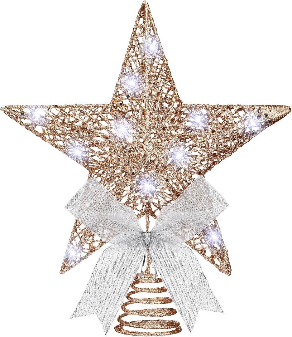 Sumind 9.8 x 11.8 Inch Christmas Star Tree Topper Glittered Star Metal Plug in Treetop Ornaments with Bow and 30 LED String Light for Christmas Tree Indoor Holiday Party Decoration(Champagne), 12 inches x 10 inches x 8 inches