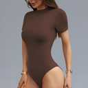 Women's Mock Neck Short Sleeve Bodysuit Double-Lined Seamless Body Suits for Women Basic T-Shirt Tops (Brown, XS)