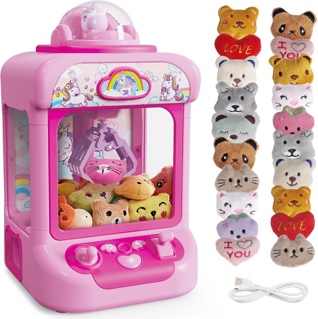 Marlrin Claw Machine for Kids, Mini Vending Machine Girls Unicorn Toys, Candy Grabber Prize Dispenser with Sound & 20 Mini Plush Toys, Electronic Arcade Game Indoor Toy for Home Party Birthday Gifts, Medium, Small