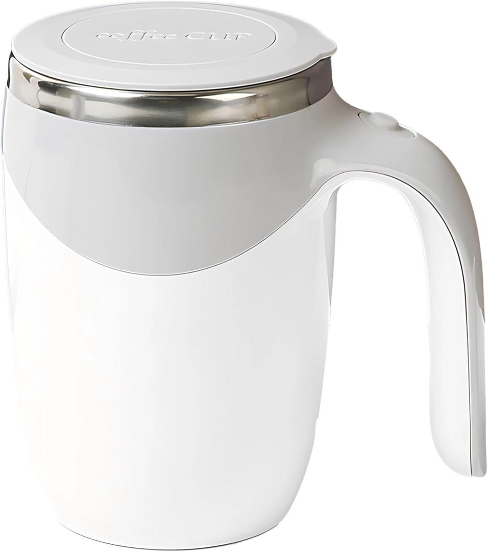 BOSREROY Rechargeable Self Stirring Mug Coffee, 380 Ml / 12.8 Fl Oz Stainless Steel, Mugs Large Coffee, Self Stirring Mug Travel, USB White Charging with Accent Gray