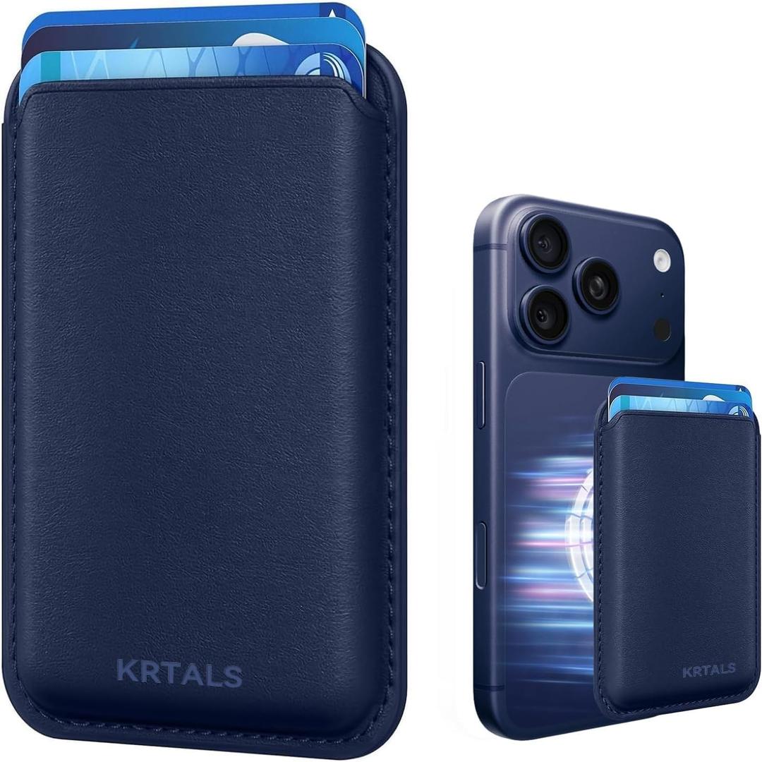 KRTALS Magnetic Wallet Cell Phone Card Holder for Phone Case with Mag-Safe, Stronger Magnetic RFID Leather Phone Wallet Stick on Series of iPhone 17/16/15/14/13/12 and Pro/Promax, Indigo Blue