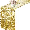 Yblut 12 x 108 Inch Gold Sequin Table Runner Glitter Rectangle Big Sequin Table Runner for Wedding Party Birthday Christmas Halloween Decoration (1 Pack)