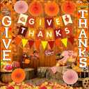 Famoby GIVE THANKS Hanging Banner Porch Sign Autumn Pumpkin Maple Leaf Backdrop Flag Banner Paper Fan&Swirls for Thanksgiving Party Decorations