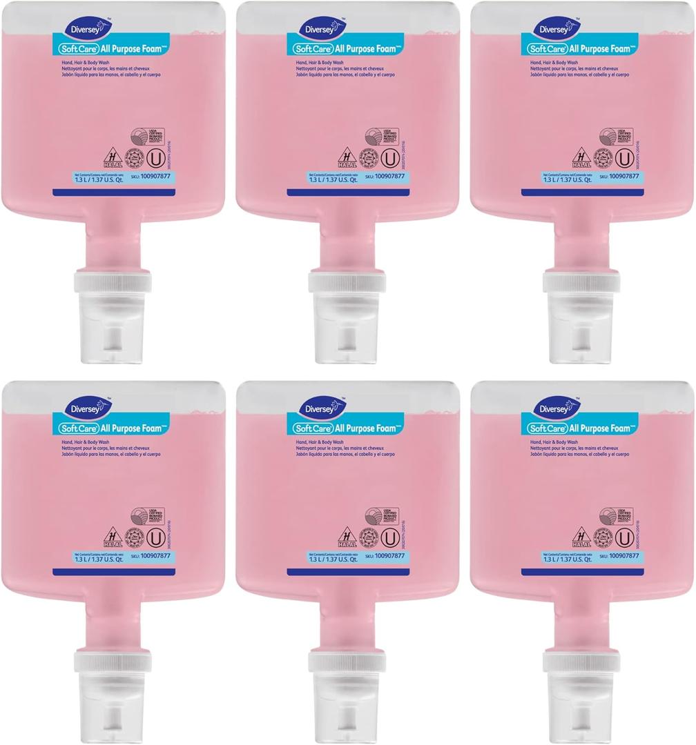 Diversey 100907877 Soft Care All Purpose Foam, Commercial Liquid Hand Soap & Hair & Body Wash, For IntelliCare dispenser, Citrus Scent, 1.3-Liter (Pack of 6)