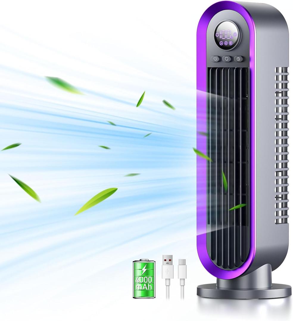 Misby Desk Fans Small Quiet, 13 Inch Office Fan for Saving Space, 4000mAh Battery Operated, 3 Speed Adjustment, 90 Oscillation Bladeless Table Fan, Ideal for Office, Bedroom (Grey)