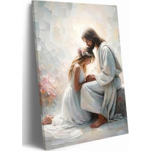 Framed Jesus And Girl Wall Art Modern Christian Praying Oil Poster Prints | Jesus Blessing the Flower Crowned Woman Wall Decor Pictures for Bedroom Church Ready to Hang 12x16in