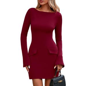 PRETTYGARDEN Womens Fall Long Sleeve Mini Dress 2025 Trendy Boat Neck Bodycon Knit Elegant Short Party Formal Dresses (Red, XXL)