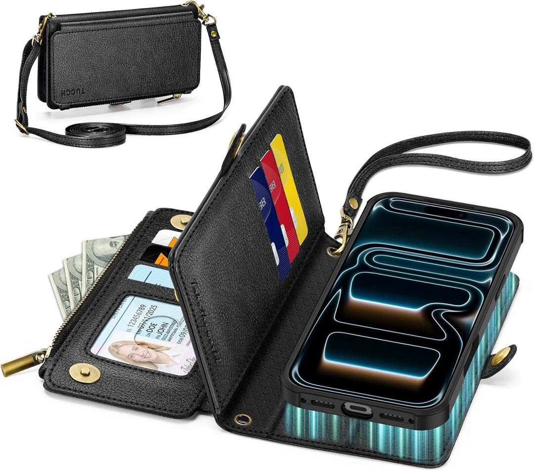 TUCCH Removable Crossbody Case Wallet for iPhone 17 Pro 2025, 9 Card Slot RFID Blocking, Stand, Lanyard, Wrist Strap, Wireless Charging, Zipper Pocket, PU Leather, Magnetic Flip Cover, Textured Black