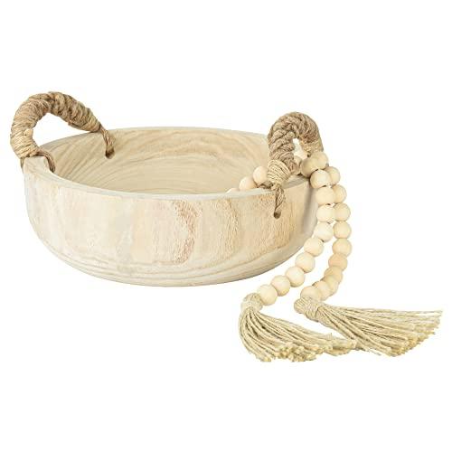 Paulownia Wood Bowl Rustic Wooden Dough Decorative Round Serving Key Bowl with Rope Handle and Wood Bead Garland for Christmas Tabletop Centerpiece Home Decor 9.5 inches