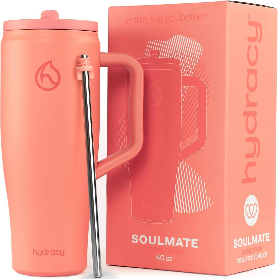 Hydracy 40oz Tumbler with Flip Straw Stainless Steel Insulated Water Bottle with Handle, Reusable Leakproof Rotatable Lid for Left or Right Hand Use, Cupholder Friendly Rubber Base - Coral Crush