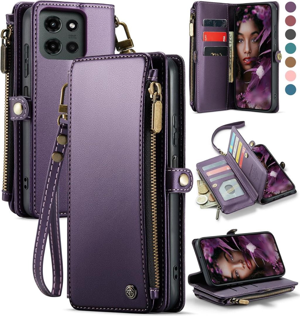 Defencase for Moto G - 2026/2025 Case, RFID Blocking Wallet Case for Motorola Moto G 5G 2025 & 2026 PU Leather Magnetic Flip Wrist Strap Zipper Card Holder Phone Cases for Women and Men, Purple