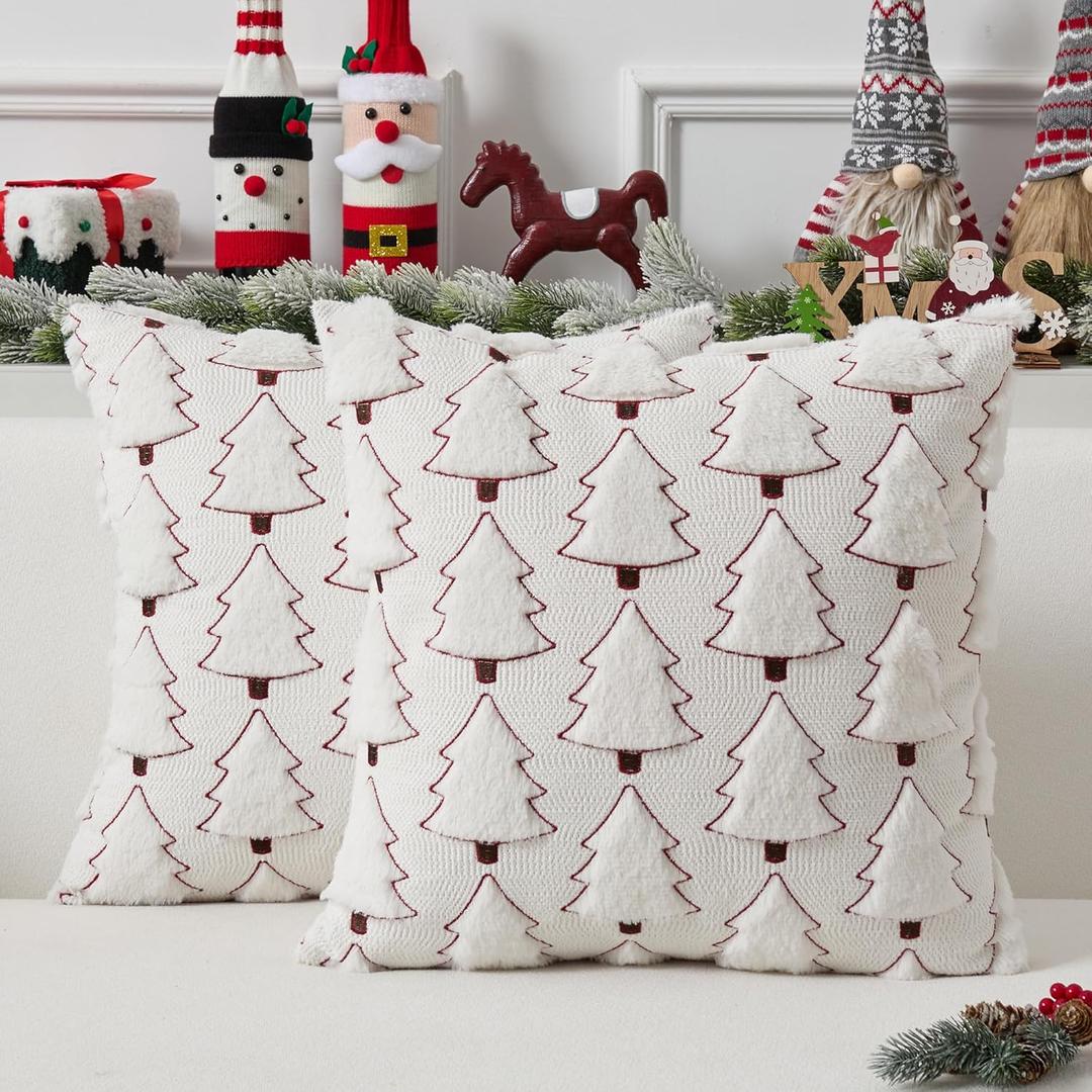 UGASA Christmas Tree Pillow Covers 18x18 Inch Set of 2 Soft Plush Faux Fur Luxury Embroidery Decoration Pillowcases for Couch Sofa Holiday Festivals Winter Xmas Gift, Cream White & Red