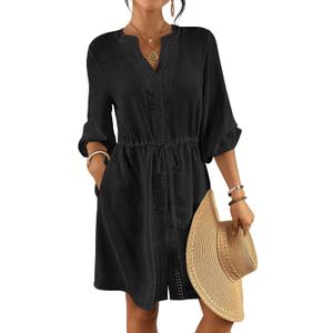 Bsubseach Swimsuit Coverup for Women V Neck Bathing Suit Cover Up with Pocket Drawstring Button Down Beach Shirt Dresses (Black) XXL
