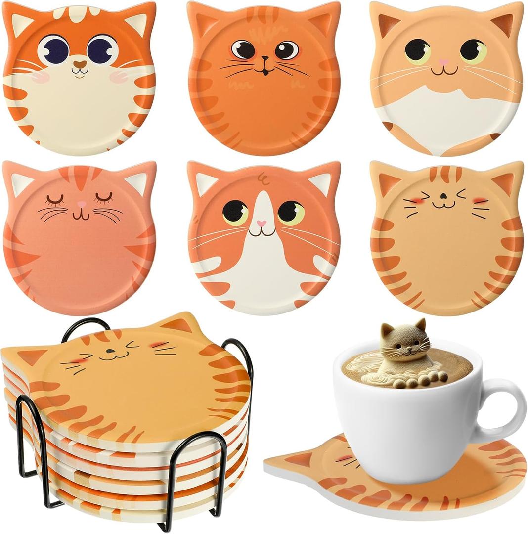 Meanplan Funny Cat Coasters for Drink for Lovers Ceramic Coasters with Cork Bottom and Metal Holder for Bar Office Dining Coffee Table Desk Decor 4.25 Inch(Pute Cat Style,6 Pcs)