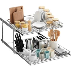 2-Tier Pull-Out Cabinet Organizer with Heavy-Duty Steel Frame, Full-Extension Sliding Shelves, Holds 100 lbs, Easy Install for Kitchen, Pantry & Under Sink Cabinets, 24" W x 21D x 16.5" H