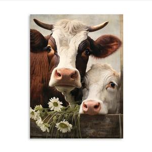 Cow Pictures Farmhouse Animal Print Framed Painting With Flower Poster 16x24 Inches