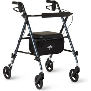 Medline Superlight Folding Aluminum Mobility Rollator Walker, Smoky Blue, 250 lb. Weight Capacity, 6" Wheels, Adjustable Arms and Seat, Foldable Rolling Walker for Seniors
