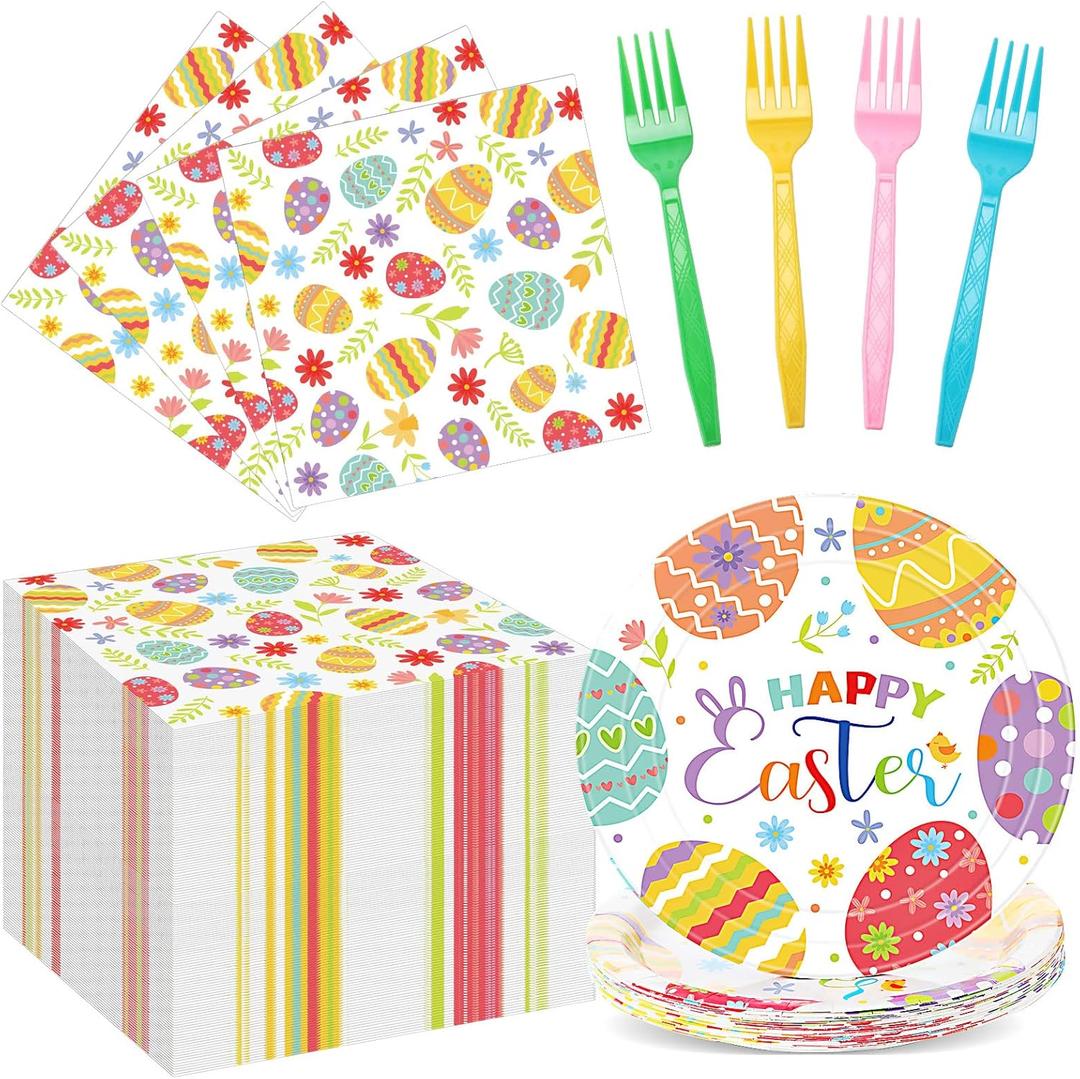 Amyhill 160 Pcs 40 Guest Happy Easter Party Supplies Easter Paper Plates and Napkins Forks Disposable Easter Dinnerware for Spring Picnic Bunny Party, 40 Easter Plates, 80 Napkins, 40 Forks(Egg)