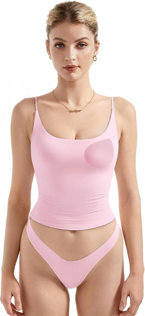 SUUKSESS Women Padded Scoop Neck Tank Tops Double Line Going Out Basic Camisole Top (X-Large, Baby Pink)