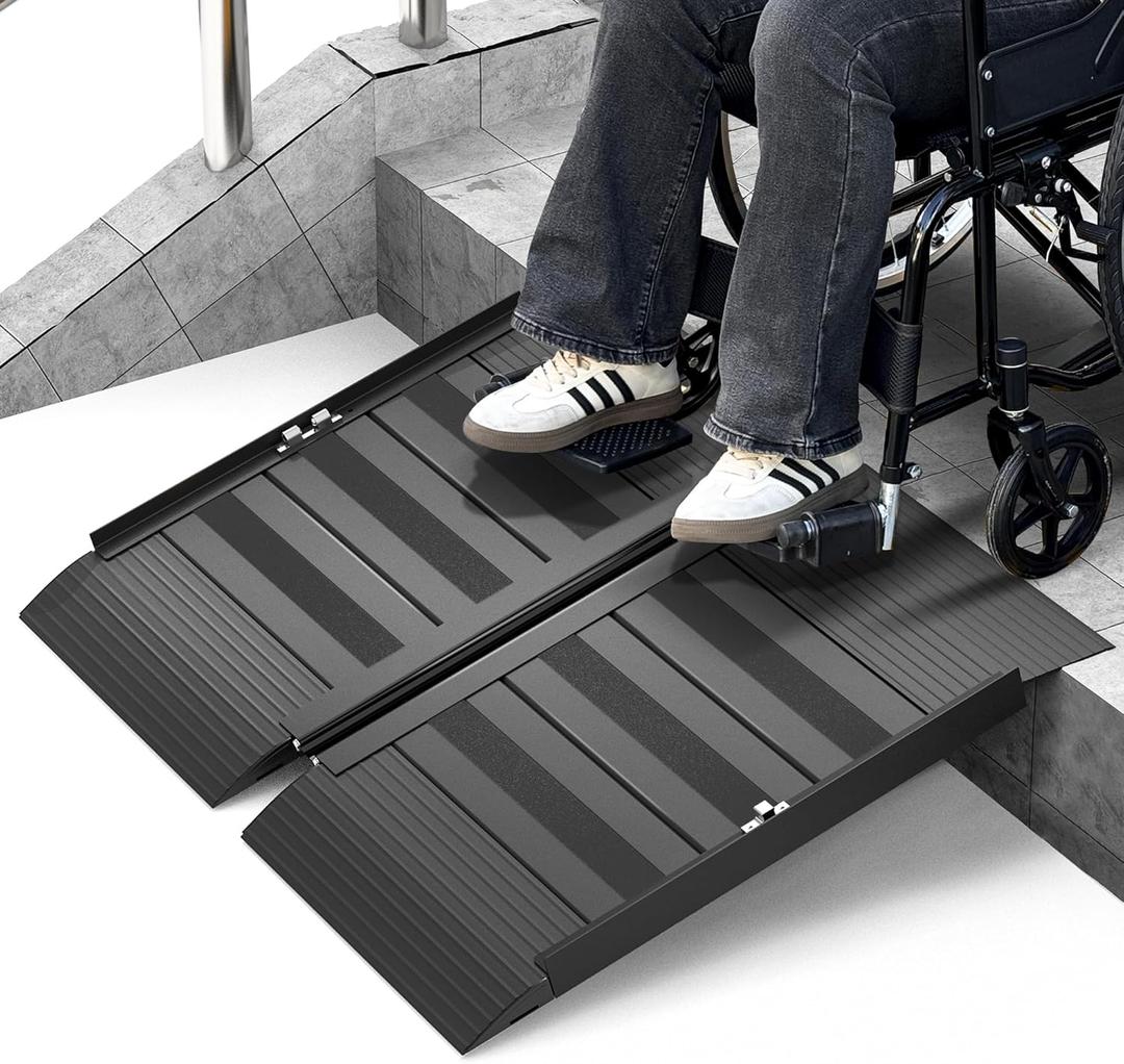 2FT Portable Wheelchair Ramp with Handle, Non-Slip Aluminum Folding Handicap Wheelchair Ramp for Home, Doorways, Thresholds, Steps, Curbs, Stairs, 800 LBS Capacity (2FT(Using height 2"-6"))