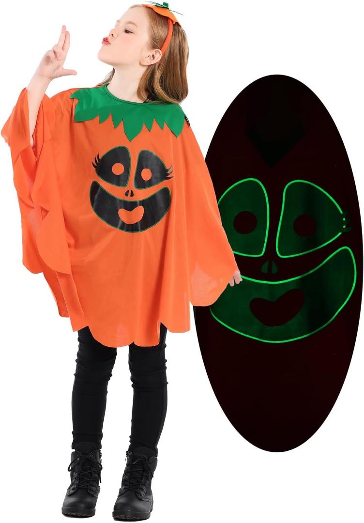 Seasons Pumpkin Cape for Kids, Halloween Costume With Headband and Pumpkin Bag for 4-9Y