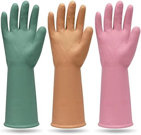 MAMISON 3 Pairs Colorful Reusable Waterproof Household Dishwashing Cleaning Rubber Gloves, Non-Slip Kitchen Glove L