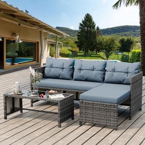 Shintenchi Outdoor Patio Furniture Sets, Wicker Patio sectional Sets 3-Piece, All Weather Wicker Rattan Patio Seating Sofas with Glass Coffee Table and Cushion (Blue Grey)