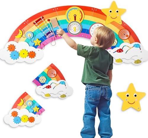 Joyibay Rainbow Sensory Wall Panel,Wooden Montessori Busy Board with 9 Activities for Toddlers 1-3, Educational Sensory Toys for Daycares, Preschool, Bedrooms