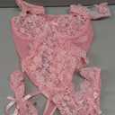 Aranmei Women Sexy Lingerie Bodysuit Floral Lace Teddy Babydoll Snap Crotch Ruffle One Piece with Thigh Bands (Medium, Pink)