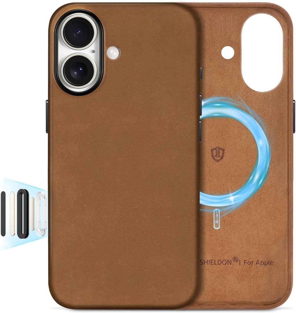 SHIELDON Case for iPhone 17 6.3" 2025 | Top Grain Crazy Horse Leather | Compatible with Magsafe | Magnetic Wireless Charging | Comfort Grip | Shock-Absorbent | Metal Button | Camera Bump Frame - Brown