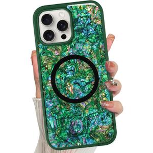 Magnetic for iPhone 13 Pro Case, Luxury Colorful Abalone Shell Phone Case for Women Men, Compatible with MagSafe, Cute Sparkle Glossy Shockproof Protective Cover, Emerald Green