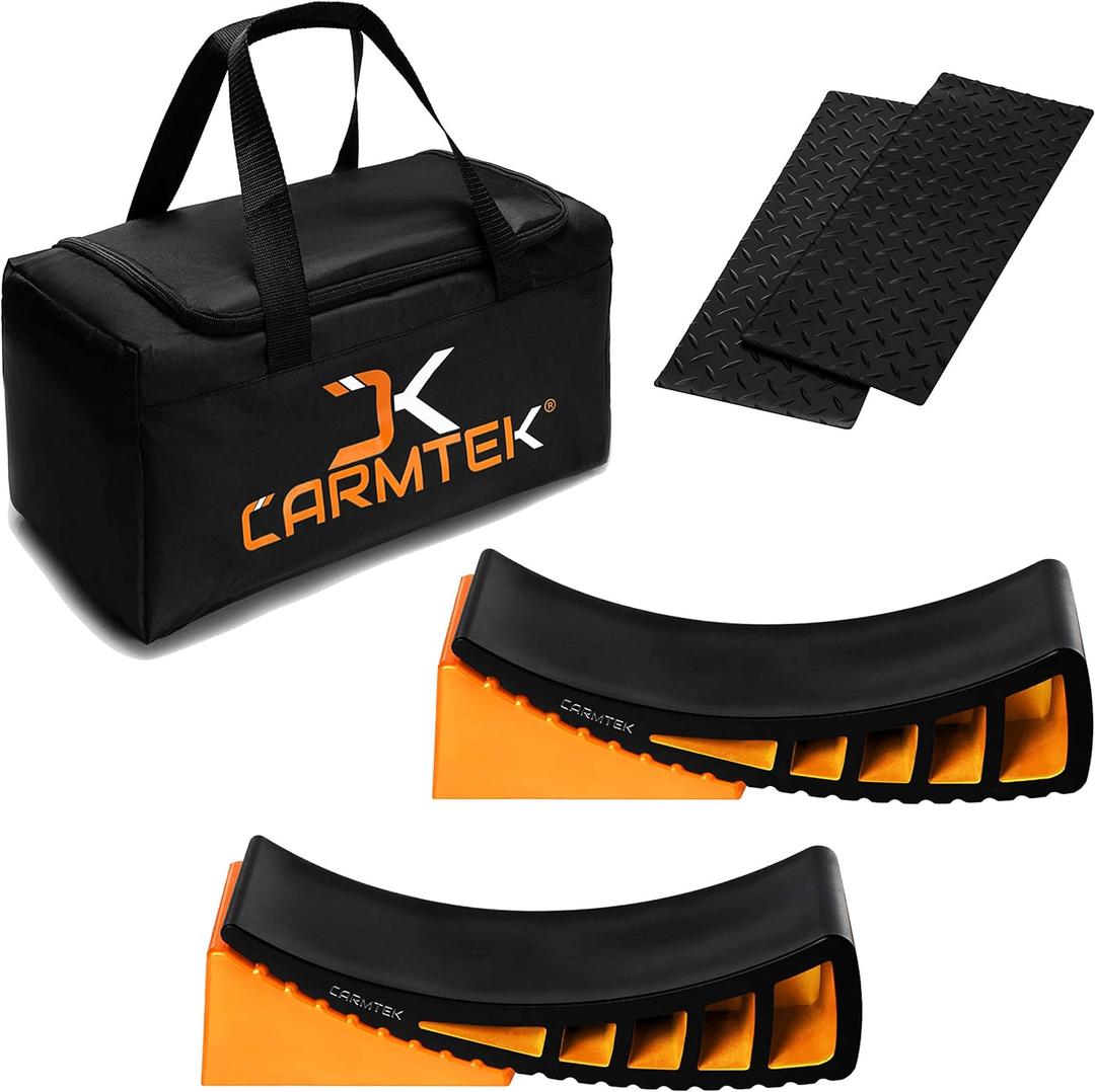 CARMTEK Camper Leveler Premium Kit - Curved RV Levelers with Camper Wheel Chocks, Rubber Mats and Carry Bag | Faster Camper Leveling Than RV Leveling Blocks CARMTEK Camper Leveler Premium Kit - Curved RV Levelers with Camper Wheel Chocks, Rubber Mats and Carry Bag | Faster Camper Leveling Than RV Leveling Blocks