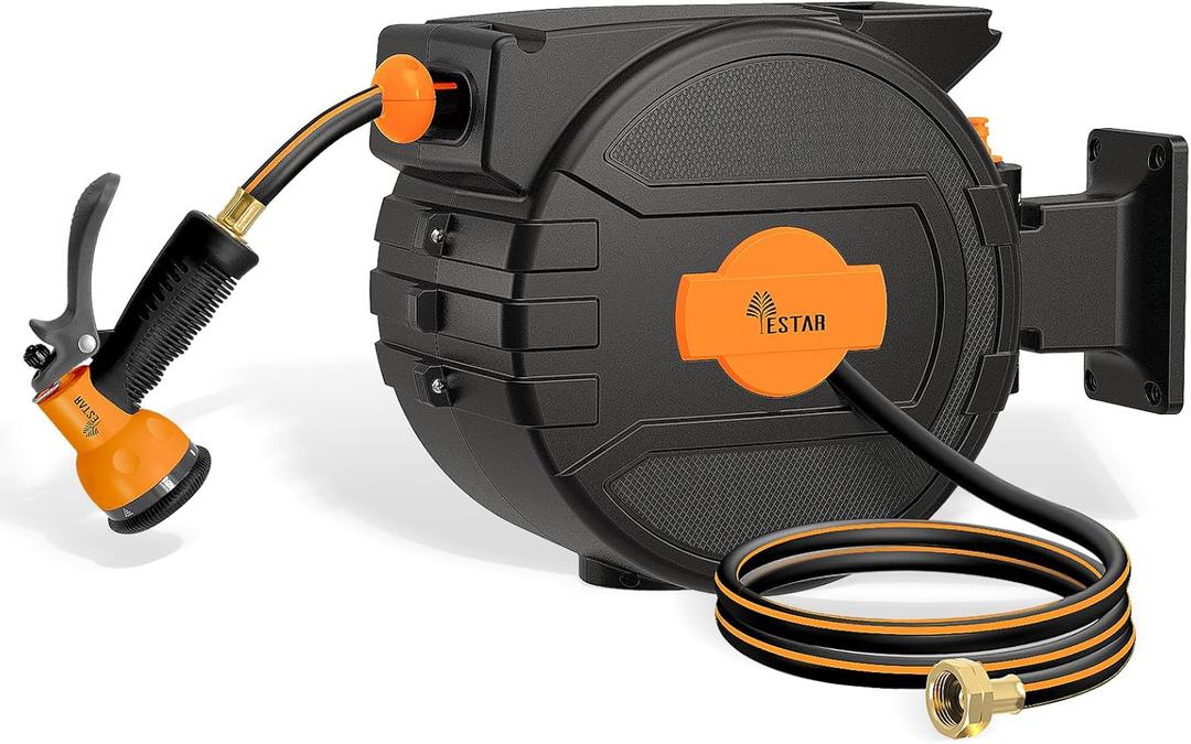 Retractable Garden Hose Reel 1/2"x82 ft, Automatic Hose Reel with 7 Pattern Nozzle, Any Length Lock Wall Mounted &180 Deg Swivel (Black-orange)