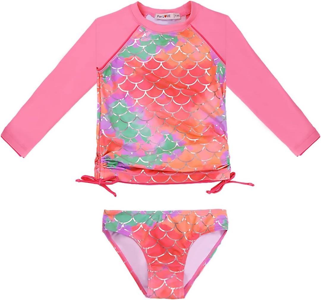 weVSwe Girls Rash Guard Swimsuit Rare Hem Cuffs Bathing Suit UPF 50+ Protection (3-4T, Green Fish Scales)