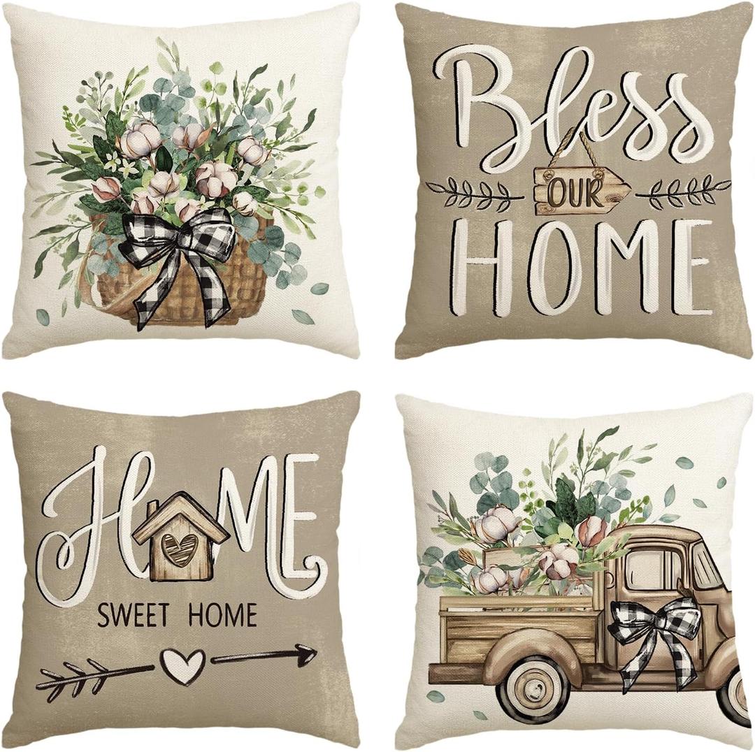 AVOIN colorlife Bless Our Home Farmhouse Eucalyptus Leaves Throw Pillow Covers, 18 x 18 Inch Truck Home Sweet Home Cushion Case Decorations Set of 4 (Brown)